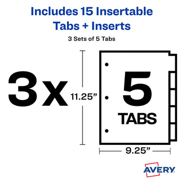 Avery Dividers for 3 Ring Binders, 5-Tab Binder Dividers, Two-Pocket Plastic Binder Dividers, Insertable Big Tabs, Multicolor, 3 Sets (71906)